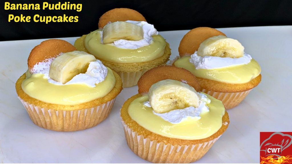 Banana Pudding Poke Cupcake. A delicious moist cake filled with creamy melt in your mouth banana pudding. Topped with cool whip, freshly sliced bananas, and nilla wafers.