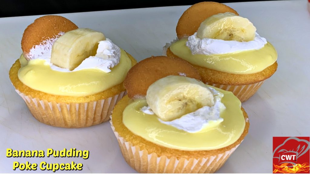 Banana Pudding Poke Cupcake. A delicious moist cake filled with creamy melt in your mouth banana pudding. Topped with cool whip, freshly sliced bananas, and nilla wafers.